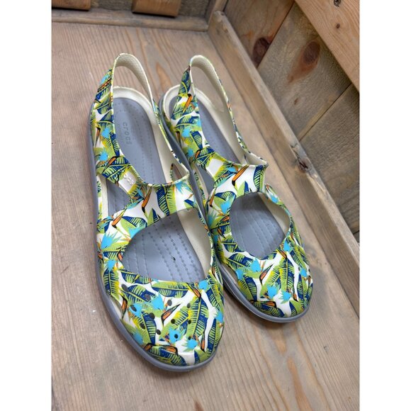 CROCS Iconic Comfort Swiftwater Wave Graphic Green Tropical Flats W9 US9 204770 - Picture 2 of 8
